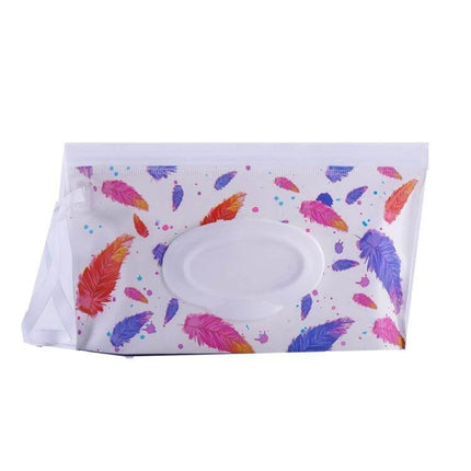 Baby EVA Wet Wipes Bag Portable For Travel Diaper Bag - Colorful Feather Print Compact EVA Wipe Pouch With Handle