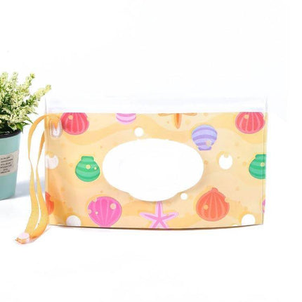 Baby EVA Wet Wipes Bag Portable For Travel Diaper Bag in yellow seashell print with handle, slim waterproof pouch for stroller or diaper bag