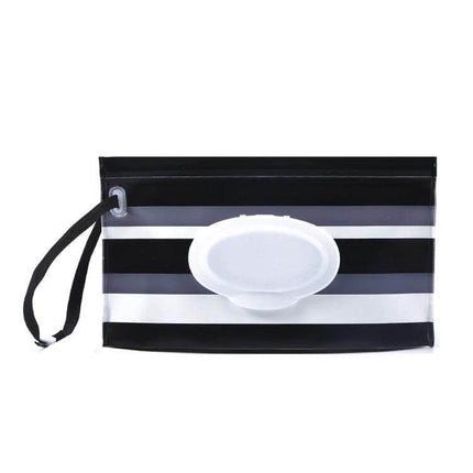 Baby EVA Wet Wipes Bag Portable For Travel Diaper Bag - Black and white striped EVA pouch with handle and resealable wipe dispenser