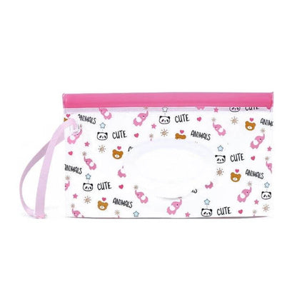 Baby EVA Wet Wipes Bag Portable For Travel Diaper Bag with pink trim, wrist strap, and animal print to keep wipes dry and accessible