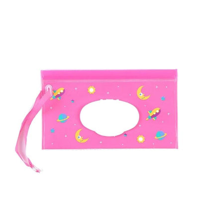 Baby EVA Wet Wipes Bag Portable For Travel Diaper Bag pink EVA pouch with handle and space-themed print, slim waterproof wipes case for stroller or diaper bag