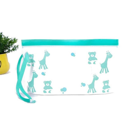 Baby EVA Wet Wipes Bag Portable For Travel Diaper Bag - Lightweight teal giraffe and bear print EVA pouch with handle for stroller or diaper bag
