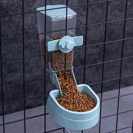 Hanging Feeder for Cats in Daily Home Care Routines - wall-mounted blue automatic feeder attached to cage dispensing dry kibble