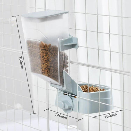 Hanging Feeder for Cats in Daily Home Care Routines mounted on cage door to keep dry food off the floor and reduce mess