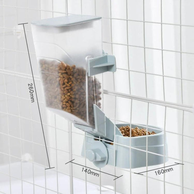 Hanging Feeder for Cats in Daily Home Care Routines mounted on cage door to keep dry food off the floor and reduce mess