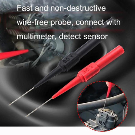 Multimeter Probe for Daily Auto and Electrical Checks - red and black piercing non-destructive test probes connected to multimeter for car sensor checks