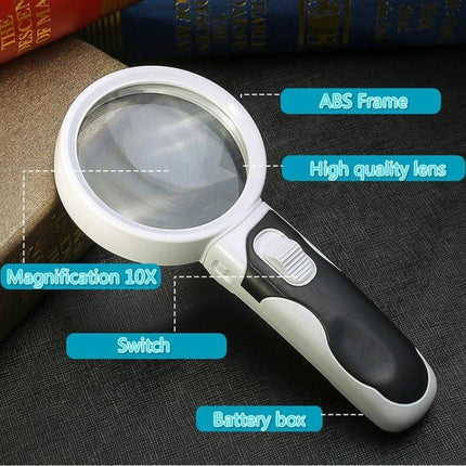 Hand-Held LED Magnifier for Reading and Repair, 10x Magnification with LED light, ergonomic grip and ABS frame for books jewelry and circuits
