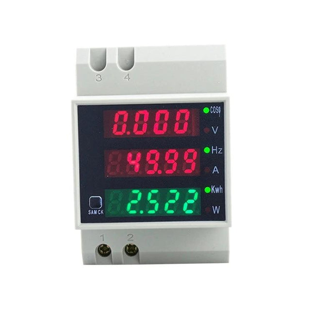 Din Rail AC Voltage and Current Monitoring Meter for Power Systems digital panel showing voltage, frequency and power readings