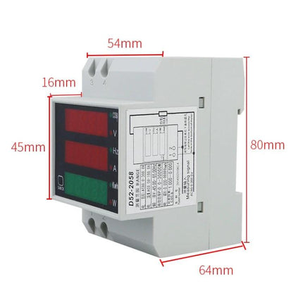 Din Rail AC Voltage and Current Monitoring Meter for Power Systems compact DIN rail display with dimensions 80x64x54mm showing V Hz A readings