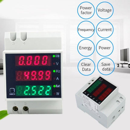 Din Rail AC Voltage and Current Monitoring Meter for Power Systems with triple LED display showing voltage, frequency, current and energy readings