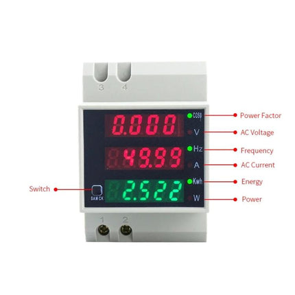 Din Rail AC Voltage and Current Monitoring Meter for Power Systems digital panel showing voltage current frequency power factor and energy readings