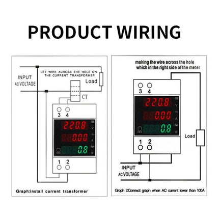 Din Rail AC Voltage and Current Monitoring Meter for Power Systems wiring diagram showing CT and voltage input connections