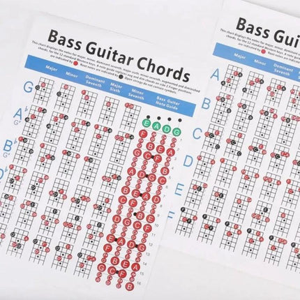 Guitar Chord Chart for Everyday Music Practice at Home - 4-string bass guitar chord reference sheet for beginners and daily practice