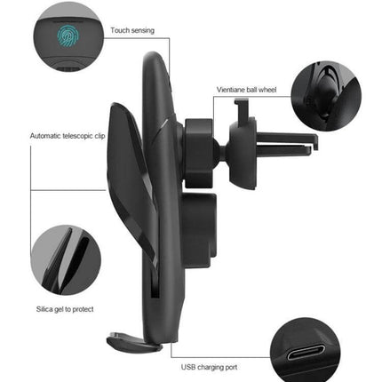 M11 Car Wireless Charging Bracket For Phones Easy Mount showing side view, vent clip, touch sensor, USB charging port and silica gel protector