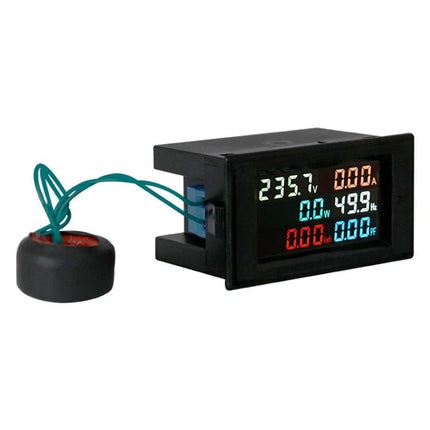 Multifunctional Digital Meter for Electrical Parameter Monitoring showing AC voltage, current, power and frequency on colored LED display