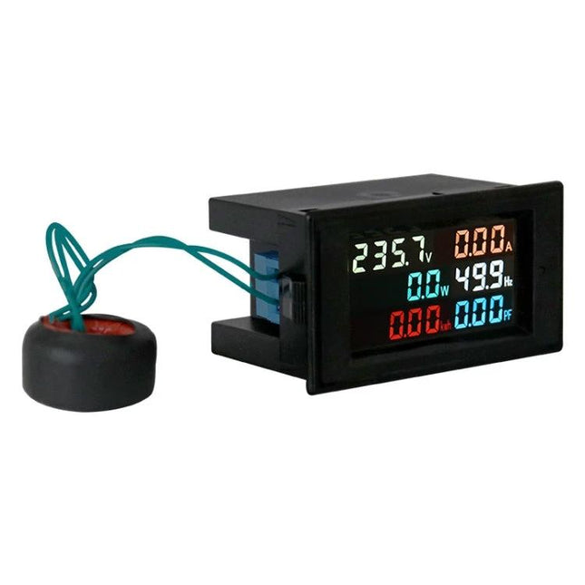 Multifunctional Digital Meter for Electrical Parameter Monitoring showing AC voltage, current, power and frequency on colored LED display
