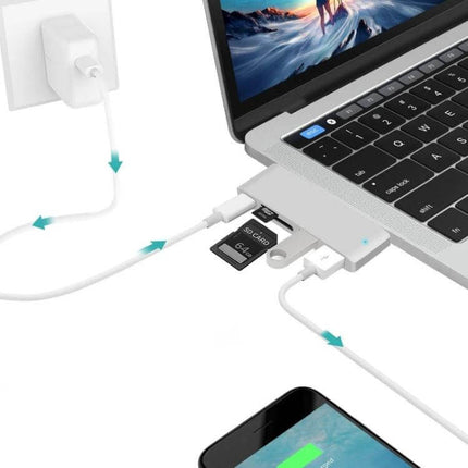 USB-C Multi-Port Docking Station with HDMI and Card Reader connected to laptop showing HDMI, SD card, USB and phone charging