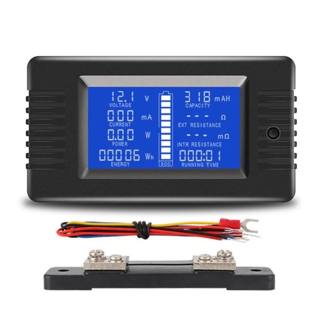Portable DC Battery Tester for Voltage and Current Monitoring showing LCD readout with wiring and shunt for EV, solar, and hobby battery diagnostics