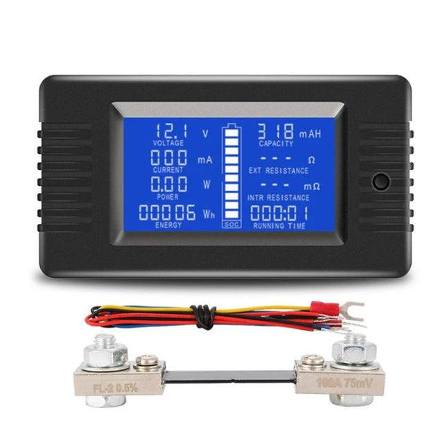 Portable DC Battery Tester for Voltage and Current Monitoring - compact LCD meter showing voltage, current, capacity and wiring kit