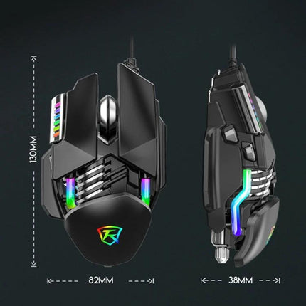 Taijia Adjustable Wired RGB Gaming Mouse in Black and White showing black ergonomic wired design with RGB lighting and adjustable tail dimensions