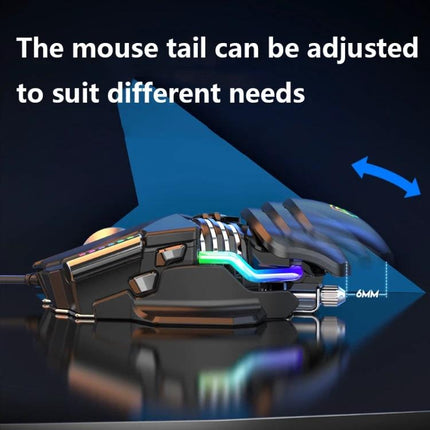 Taijia Adjustable Wired RGB Gaming Mouse in Black and White showing adjustable tail for customized hand fit and RGB lighting