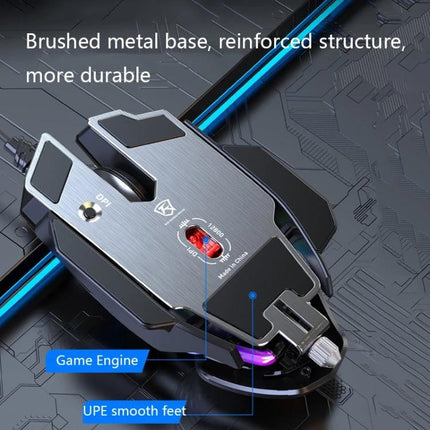 Taijia Adjustable Wired RGB Gaming Mouse in Black and White showing brushed metal base, adjustable tail, DPI switch and RGB lighting