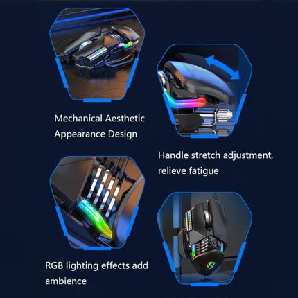 Taijia Adjustable Wired RGB Gaming Mouse in Black and White showing adjustable handle, RGB lighting, mechanical aesthetic and USB wired design