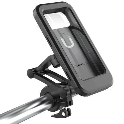 Bicycle Phone Holder Waterproof Bag For Everyday Rides mounted on bike handlebar, IPX6 clear touchscreen window and universal clamp