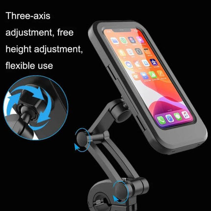 Bicycle Phone Holder Waterproof Bag For Everyday Rides showing adjustable three-axis mount on bike with phone, IPX6 splash protection
