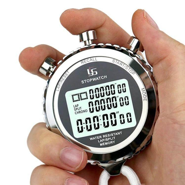 Metal Stopwatch With 3 Row Display For Running Training in hand showing stainless steel shell, HD 3-row timing display and lanyard
