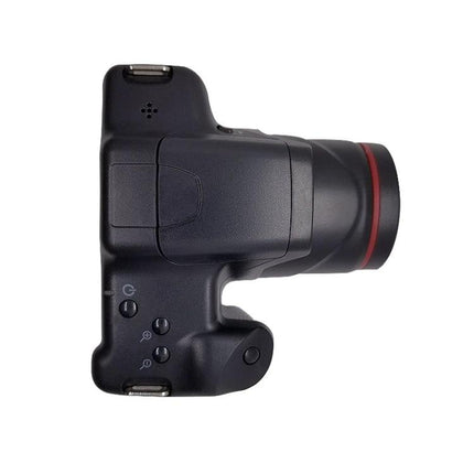 Portable 16X Zoom Digital Camera for Everyday Photography - compact black camera top view with 16x zoom lens and electronic anti-shake