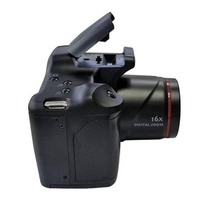 Portable 16X Zoom Digital Camera for Everyday Photography showing compact black camera with 16x digital zoom and pop-up flash