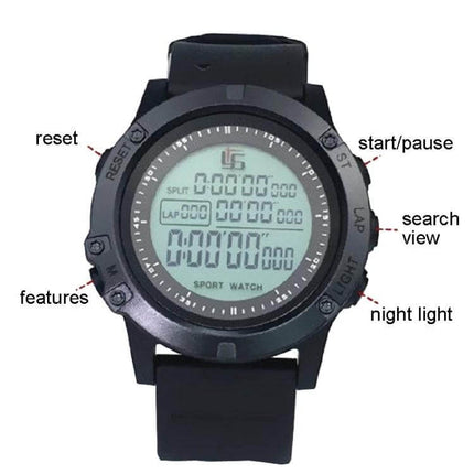 YS Luminous Football Referee Stopwatch for Games and Training - Black luminous digital referee stopwatch with labeled buttons for start/pause, reset, lap, night light