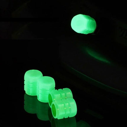 Luminous Tire Valve Caps 4pc Set for Cars and Motorcycles - glowing green ABS valve cap set for easy low-light valve locating and protection