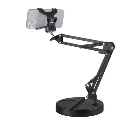 Compact Folding Stand for Everyday Home Device Holding showing smartphone mounted on adjustable ABS metal arm for hands-free viewing