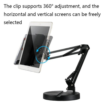 Compact Folding Stand for Everyday Home Device Holding showing tablet clamped on adjustable 360° arm for hands-free viewing