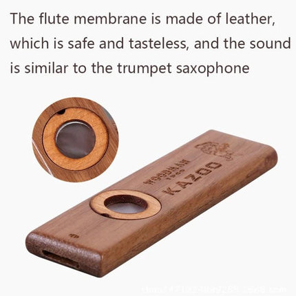 Portable Wooden Kazoo for Travel and Daily Entertainment showcasing natural wood body with leather membrane close-up