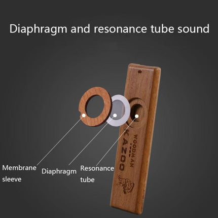 Portable Wooden Kazoo for Travel and Daily Entertainment - close-up of wooden kazoo showing diaphragm, membrane sleeve and resonance tube