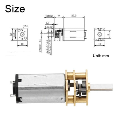 Micro Gear Motor for Robotics, Cameras, and Small Equipment — DC 12V compact motor with brass gearbox and shaft, dimension diagram in mm