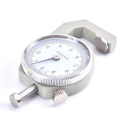 Dial Thickness Gauge for Leather, Paper, and Metal, 0-10mm showing dial face and measuring jaws on white background