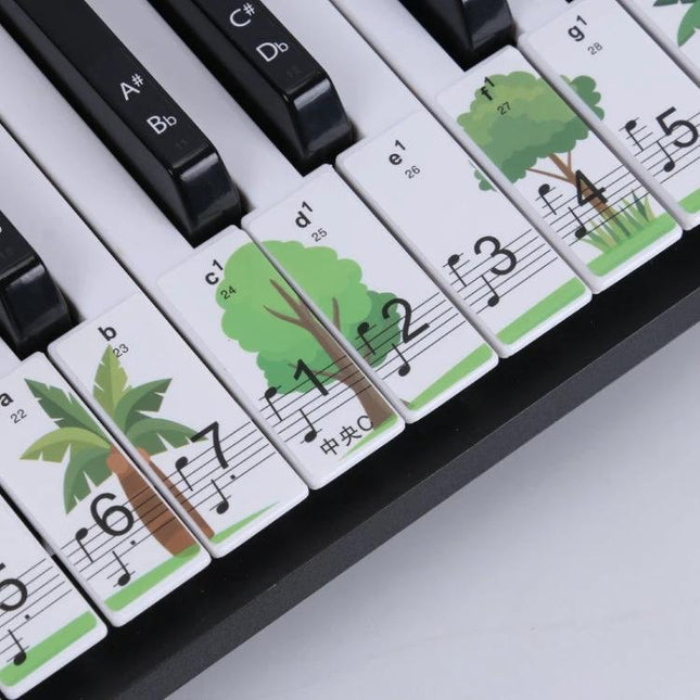 Colorful Piano Keyboard Stickers for Home Music Learning Sessions placed on white keyboard keys with note labels and tree illustrations