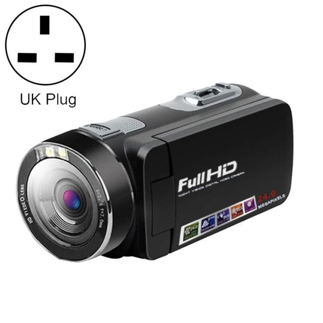 Foldable Digital Camera for Everyday Photography with Remote Control shown folded black compact camcorder with lens and UK plug icon