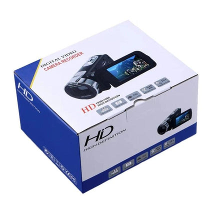 Foldable Digital Camera for Everyday Photography with Remote Control boxed product showing HD camcorder packaging and flip-out screen