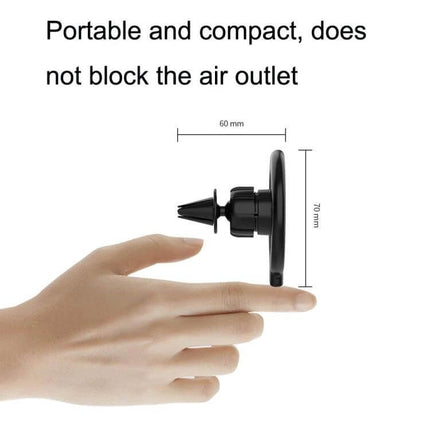Car MagSafe Wireless Charging Stand 360 Degree Rotation compact vent mount shown 60x70mm profile with fingertip for scale