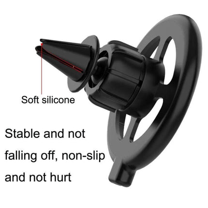 Car MagSafe Wireless Charging Stand 360 Degree Rotation – black vent mount with soft silicone grip, stable non-slip attachment for hands-free in-car charging