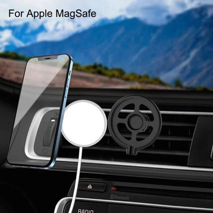 Car MagSafe Wireless Charging Stand 360 Degree Rotation attached to car vent showing phone in portrait and MagSafe charger cable