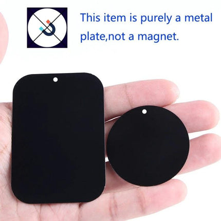 Magnetic Sheets for Car Phone Holders, 30 Pack - black metal adhesive plates shown in hand, rectangular and round, not magnets