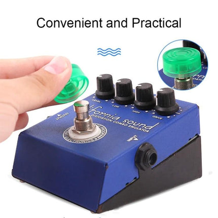 Protective Caps for Guitar Pedals in Everyday Musician Use — green ABS cap protecting stomp switch during rehearsal and transport