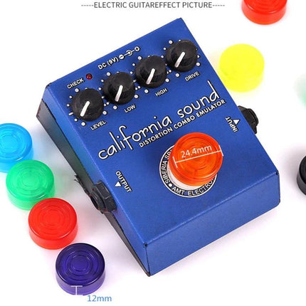 Protective Caps for Guitar Pedals in Everyday Musician Use - colorful ABS knob caps protecting blue distortion pedal
