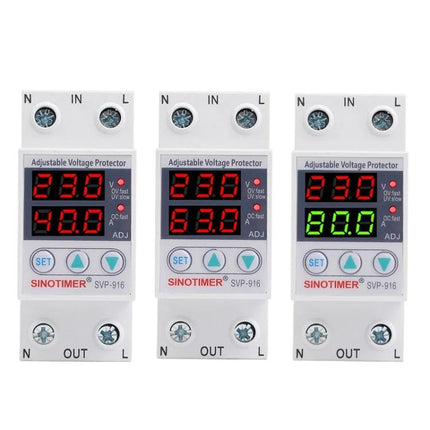 SINOTIMER Adjustable Voltage Protector for Home Circuits compact DIN-rail three-unit display showing voltage and adjustable settings